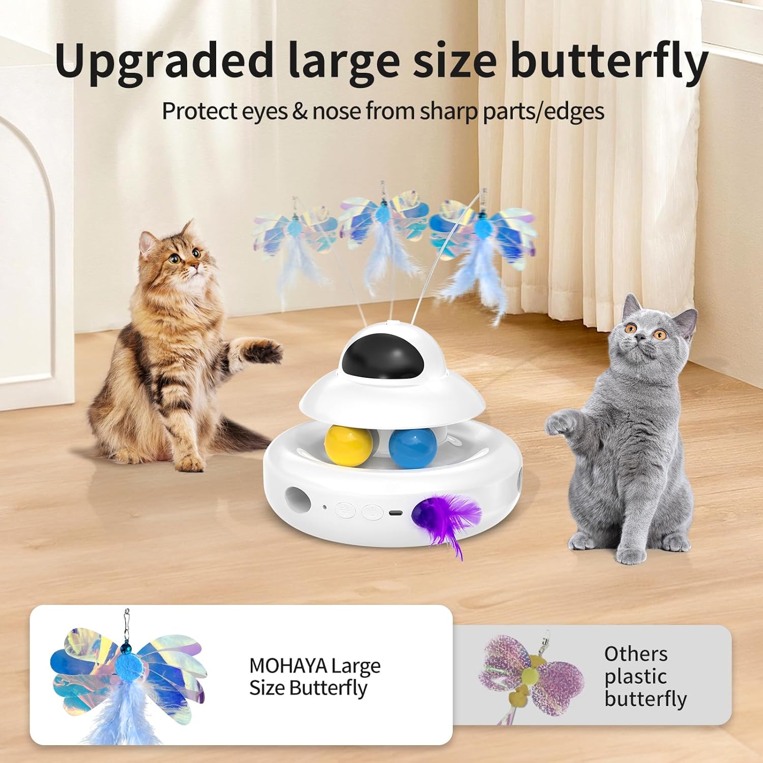 Interactive Cat Toys for Indoor Cats,4-In-1 Automatic Kitten Toy with Laser, Fluttering Butterfly, Moving Feather & Track Balls, USB Rechargeable Self-Play Electronic Toy for Kittens & Adults