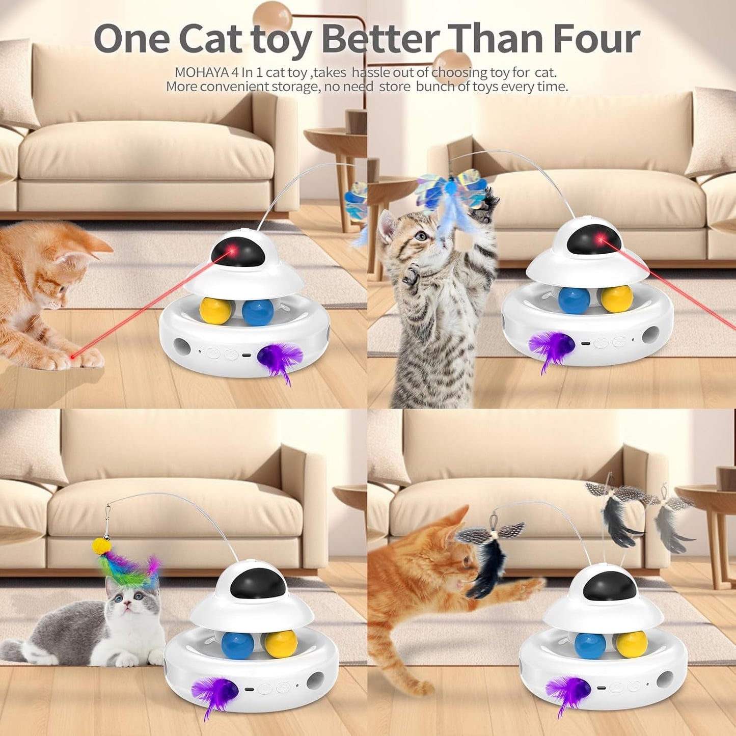 Interactive Cat Toys for Indoor Cats,4-In-1 Automatic Kitten Toy with Laser, Fluttering Butterfly, Moving Feather & Track Balls, USB Rechargeable Self-Play Electronic Toy for Kittens & Adults