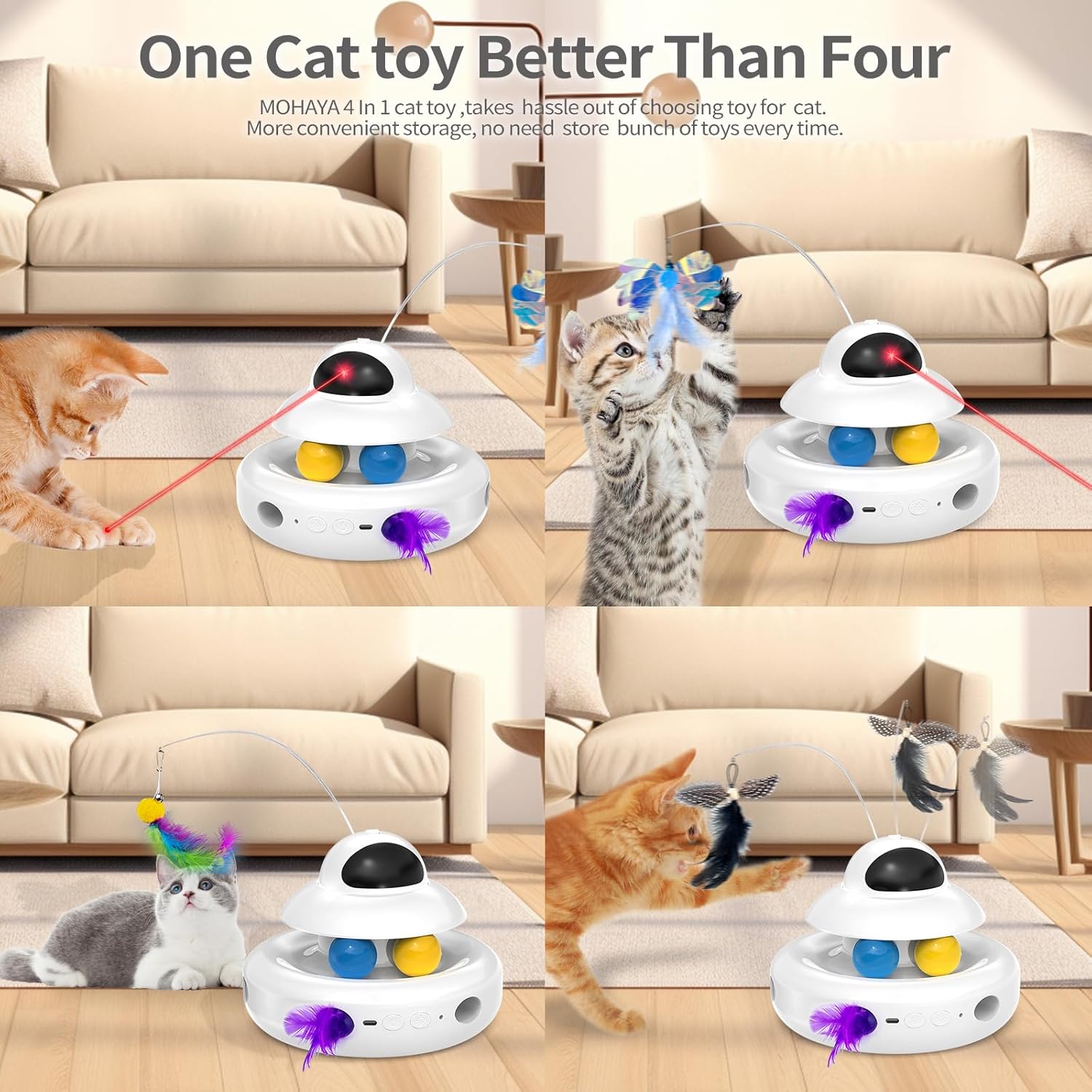 Interactive Cat Toys for Indoor Cats,4-In-1 Automatic Kitten Toy with Laser, Fluttering Butterfly, Moving Feather & Track Balls, USB Rechargeable Self-Play Electronic Toy for Kittens & Adults