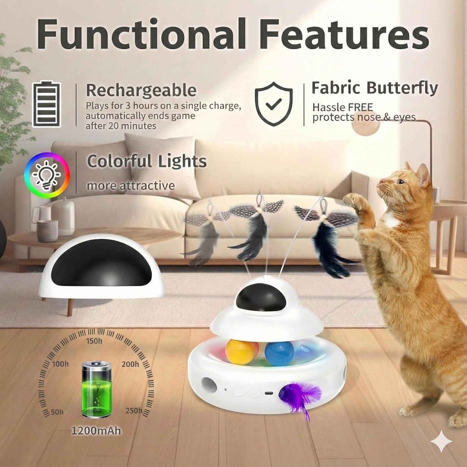 Interactive Cat Toys for Indoor Cats,4-In-1 Automatic Kitten Toy with Laser, Fluttering Butterfly, Moving Feather & Track Balls, USB Rechargeable Self-Play Electronic Toy for Kittens & Adults