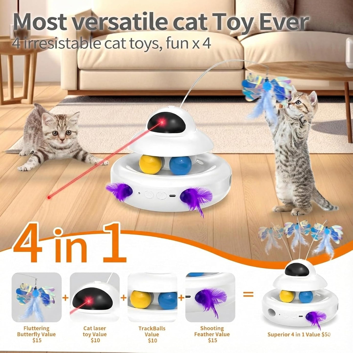 Interactive Cat Toys for Indoor Cats,4-In-1 Automatic Kitten Toy with Laser, Fluttering Butterfly, Moving Feather & Track Balls, USB Rechargeable Self-Play Electronic Toy for Kittens & Adults