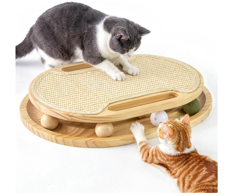 ZOMISIA 3-in-1 Wooden Cat Scratcher & Interactive Ball Track Toy